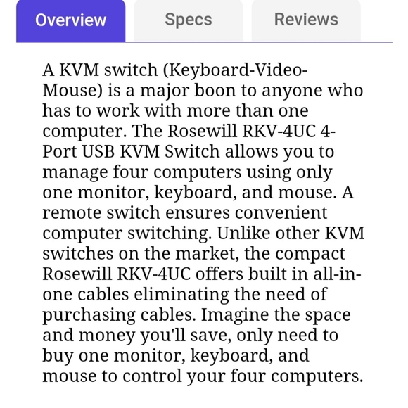 ROSEWILL USB Cable KVM Switch 4-Port RKV-4UC factory sealed - Picture 3 of 9